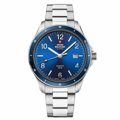 SWISS MILITARYSwiss Military SM34096.03 Men's Quartz Watch - Stainless Steel with Blue Dial, 50M Water ResistanceWATCHESEcecile