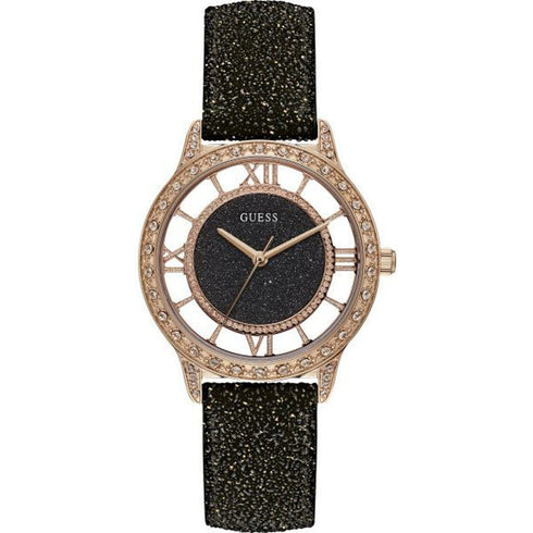 Guess Ethereal W1014L1 – Women’s Rose-Gold Watch, Crystal Bezel, Black Leather