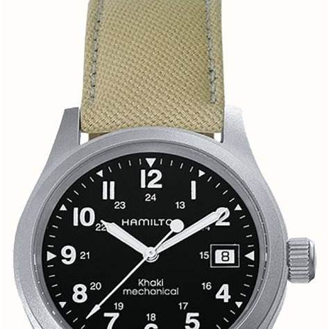 Hamilton Khaki Field Mechanical H69439933 - 38mm Edelstahl, schwarzes Zifferblatt, beigefarbenes Segeltucharmband