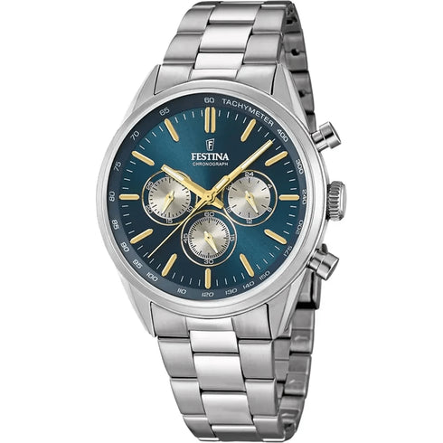 FESTINAFestina F16820/C Timeless Chronograph Men's Watch - Blue Dial, Steel BraceletWATCHESEcecile