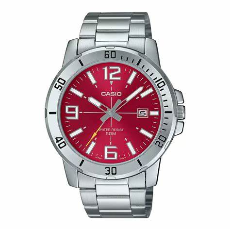 CASIO & VINTAGECasio MTP - VD01D - 4BVUDF Men's Analog Watch – Red Dial with Stainless Steel BraceletWATCHESEcecile