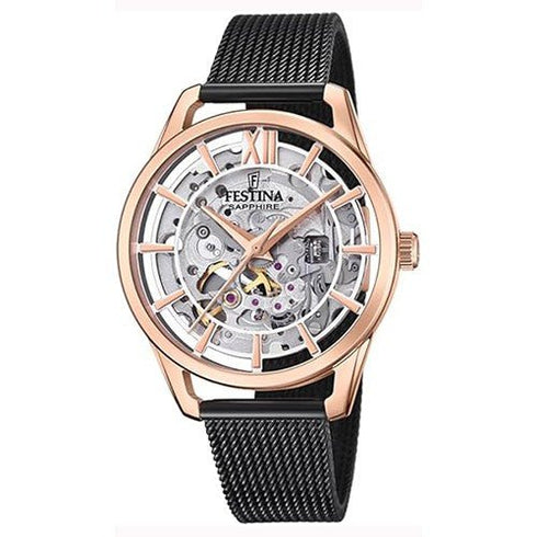 FESTINAFestina F20628/3 Women's Skeleton Automatic Watch – Rose Gold Case, Black Milanese StrapWATCHESEcecile
