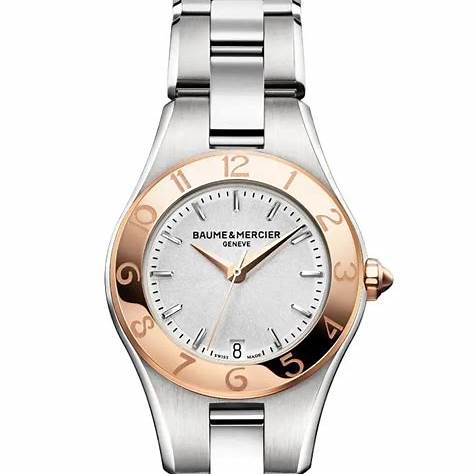 Baume & Mercier Linea MOA10014 Orologio al quarzo da donna - Quadrante argento, lunetta in oro rosa 18 carati, bracciale in acciaio inossidabile