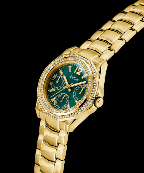 Guess GW0685L5 Women’s Ritzy Multi-Function Gold Watch – Green Dial, Crystal Bezel