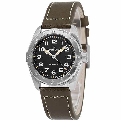 Hamilton Khaki Field Expedition Auto H70225830 - 37mm acier inoxydable, cadran noir, bracelet en cuir vert