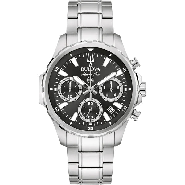 Bulova Marine Star 96B467 Cronografo da uomo - Acciaio inossidabile 43mm, quadrante nero, vetro zaffiro, 100M WR