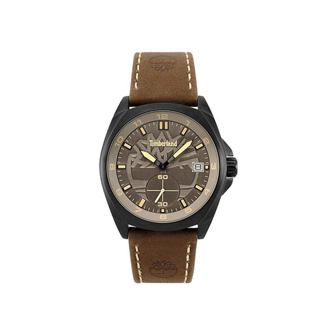 Timberland Hutchington TBL15354JSB79 Orologio da uomo - Cassa in acciaio inossidabile nera da 44 mm, cinturino in pelle marrone, quadrante grigio, movimento al quarzo Seiko