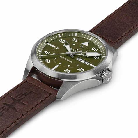 Hamilton Khaki Aviation Pilot Day Date Auto H64635560 - 42mm acier inoxydable, cadran vert, bracelet en cuir brun