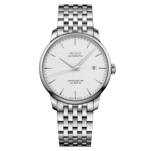 Mido Baroncelli Chronometer Silicon M027.408.11.031.00 Montre automatique pour hommes - Cadran argenté, bracelet en acier inoxydable