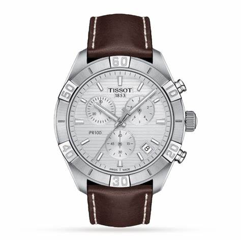 Tissot PR 100 Sport Gent Chronograph Men's Watch - Silver Dial, Brown Leather Strap