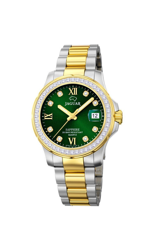 JAGUARJaguar Executive J893/3 Ladies Diver Watch - Two - Tone Stainless Steel, Green DialWATCHESEcecile