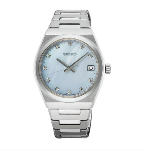 SEIKOSeiko SUR603P1 Women's Watch – 34mm Stainless Steel, Blue Mother - of - Pearl Dial, Diamond MarkersWATCHESEcecile