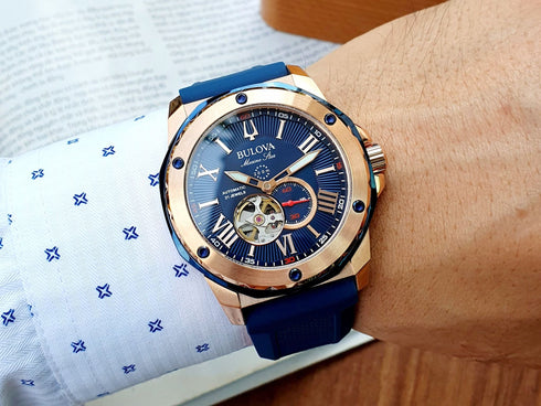 Bulova Marine Star 98A227 Orologio automatico da uomo - Quadrante blu, cassa in oro rosa