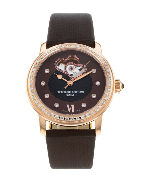 FREDERIQUE CONSTANTFrederique Constant Double Heart Beat FC - 310CDHB2PD4 Women's Watch - Rose Gold - Plated Case, Diamond - Set Bezel, Brown Satin StrapWATCHESEcecile