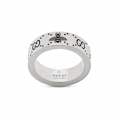 Gucci Signature Sterling Silver 6mm GG Bee Motif Ring - Size 6