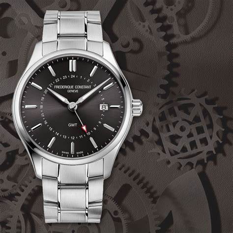 Montre Homme Frederique Constant Classics Quartz GMT FC-252DGS5B6B - Cadran gris foncé, bracelet en acier inoxydable