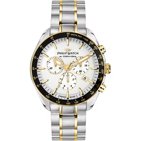 Philip Watch Blaze R8273995016 Orologio cronografo da uomo - Acciaio inossidabile, quadrante bianco, inserti in oro