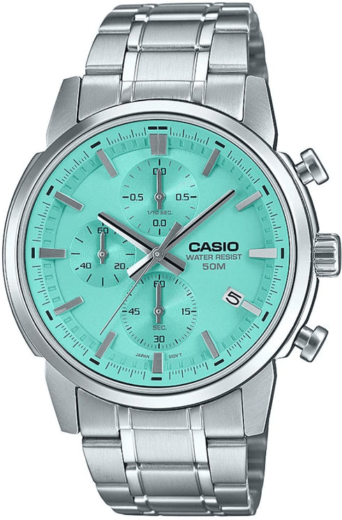 CASIO & VINTAGECasio MTP - E510D - 2AVDF Men's Quartz Chronograph Watch - Turquoise Dial, Stainless Steel BandWATCHESEcecile
