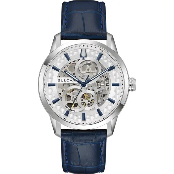 Bulova 96A330 Sutton Skeleton Automatic – Silver Dial, Blue Leather Strap