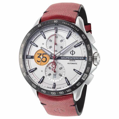 Baume & Mercier Clifton Club Indian Edizione Limitata MOA10404 Orologio cronografo automatico da uomo - Quadrante argento 44 mm, cinturino in pelle rossa