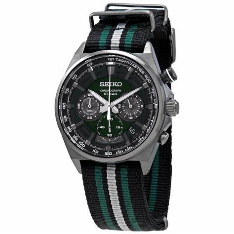 SEIKOSeiko SSB411P1 Men's Chronograph Watch, Green Dial, Black Nylon StrapWATCHESEcecile