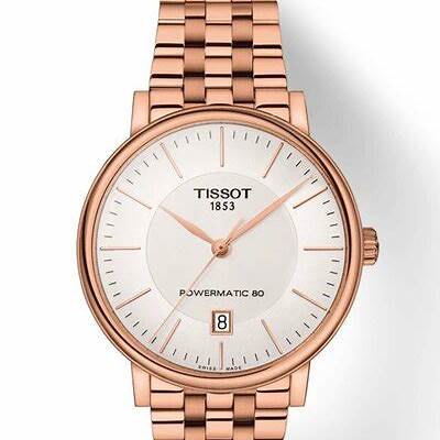 Tissot Carson Premium Powermatic 80 T122.407.33.031.00 Reloj automático para hombre, esfera plateada, brazalete de acero inoxidable con PVD oro rosa