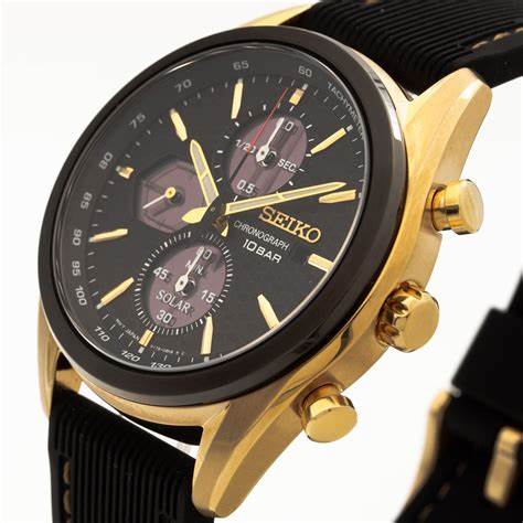 Seiko SSC804P1 Reloj cronógrafo solar para hombre, esfera negra, caja de acero inoxidable dorado, correa de silicona negra