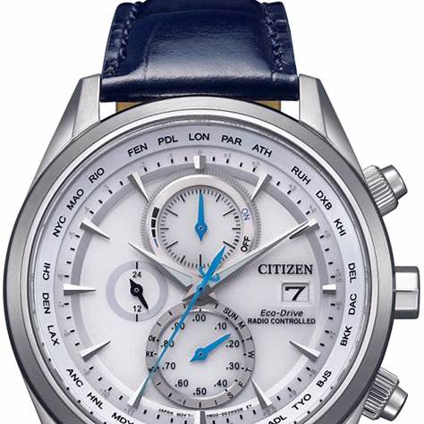 Citizen AT8260-18A Cronógrafo Radiocontrolado Eco-Drive para Hombre, Esfera Blanca, Correa de Piel Azul