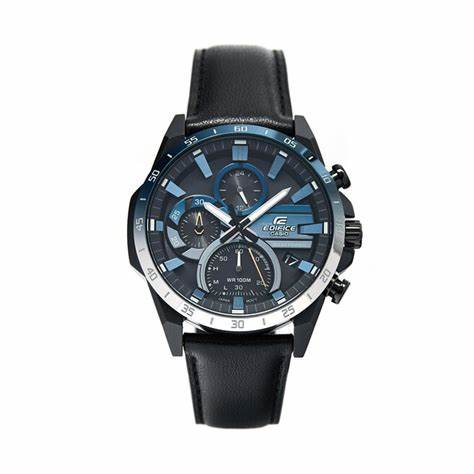 Casio Edifice EQS-940NL-1AVUEF Solarbetriebene Chronographenuhr für Herren, schwarzes Zifferblatt, Lederarmband