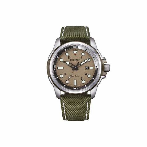 Reloj Citizen AW1801-19X Eco-Drive para hombre, esfera beige, correa de nailon verde
