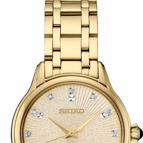 SEIKOSeiko SRZ552P1 Women's Quartz Watch, Gold - Tone Case, Diamond - Set Dial, Gold Stainless Steel BraceletWATCHESEcecile