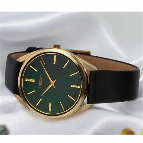 SEIKOSeiko SWR080P1 Women's Quartz Watch, Green Mother of Pearl Dial, Gold - Tone Case, Black Leather StrapWATCHESEcecile