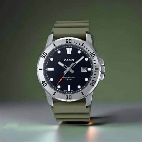 CASIO & VINTAGECasio MTP - VD01 - 3EVUDF Men's Analog Watch - 45mm Black Dial, Green Resin StrapWATCHESEcecile