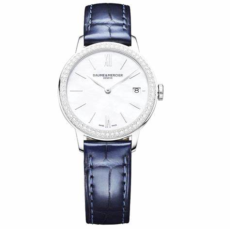Baume & Mercier Classima M0A10544 Reloj de Cuarzo para Mujer - 31mm Esfera Nacarada, Bisel Engastado con Diamantes, Correa de Aligátor Azul
