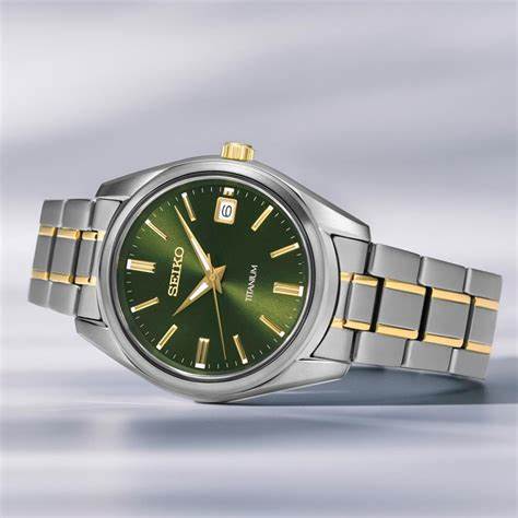 SEIKOSeiko SUR377P1 Men's Titanium Quartz Watch, Green Dial, Two - Tone Titanium BraceletWATCHESEcecile