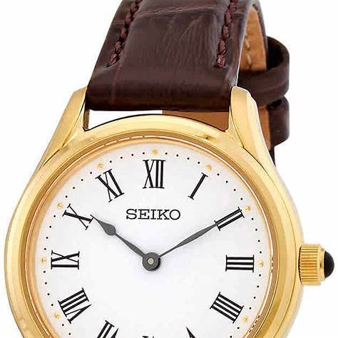 Seiko SWR072P1 Reloj de cuarzo para mujer, esfera blanca, caja dorada, correa de piel marrón
