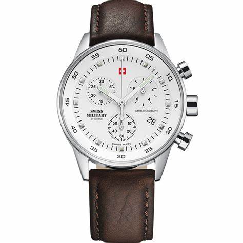 SWISS MILITARYSwiss Military by Chrono 34005.04 Unisex Chronograph Watch, White Dial, Brown Leather StrapWATCHESEcecile