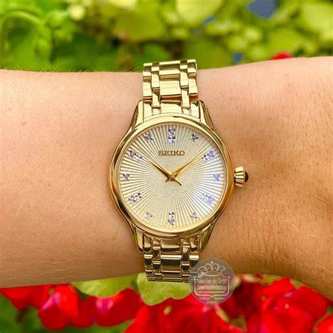 SEIKOSeiko SRZ552P1 Women's Quartz Watch, Gold - Tone Case, Diamond - Set Dial, Gold Stainless Steel BraceletWATCHESEcecile