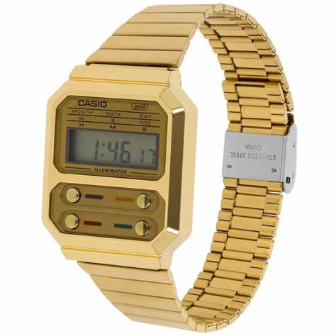 CASIO & VINTAGECasio A100WEG - 9AEF Unisex Vintage Digital Watch, Gold - Tone Stainless Steel BandWATCHESEcecile