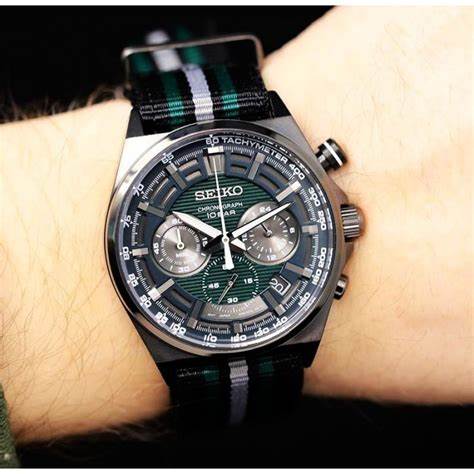 SEIKOSeiko SSB411P1 Men's Chronograph Watch, Green Dial, Black Nylon StrapWATCHESEcecile
