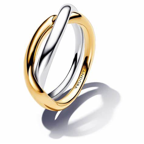 Pandora 163262C00-54 Anillo bicolor con bandas entrelazadas - Plata de ley y baño de oro de 14k, talla 54