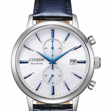 Citizen CA7069-16A Men's Eco-Drive Chronograph Watch, White Dial, Blue Leather Strap