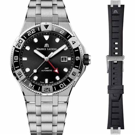 Maurice Lacroix AI6158-SS00F-330-A Reloj Aikon Venturer GMT 43mm para hombre, esfera negra, brazalete de acero inoxidable
