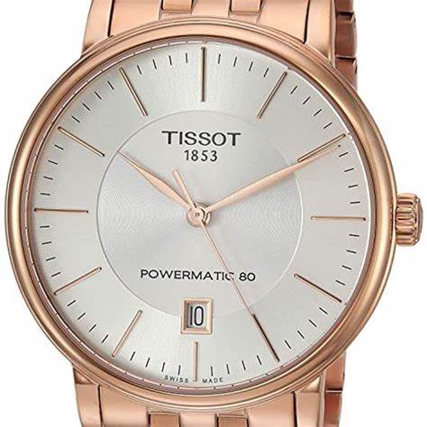 Tissot Carson Premium Powermatic 80 T122.407.33.031.00 Reloj automático para hombre, esfera plateada, brazalete de acero inoxidable con PVD oro rosa