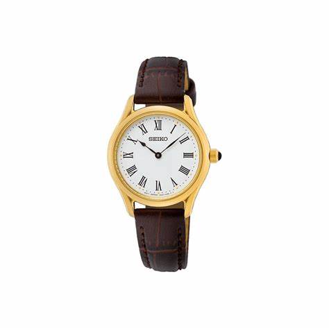 Seiko SWR072P1 Reloj de cuarzo para mujer, esfera blanca, caja dorada, correa de piel marrón