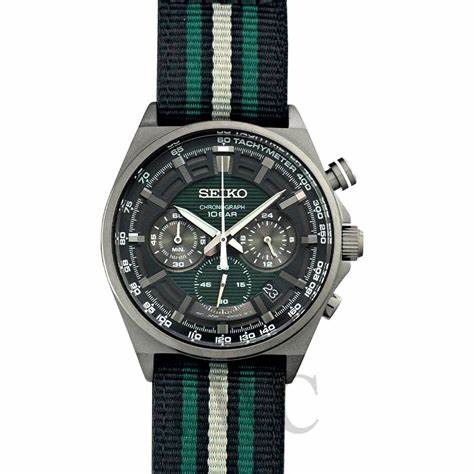 SEIKOSeiko SSB411P1 Men's Chronograph Watch, Green Dial, Black Nylon StrapWATCHESEcecile