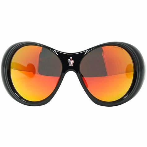 Moncler ML0148 01C Unisex Oval Sunglasses – Shiny Black Frame, Red Reflective Lenses