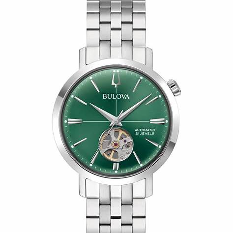 Bulova 96A318 Herren-Automatikuhr - 38 mm Edelstahlgehäuse, graues Zifferblatt mit offener Blende, braunes Lederarmband