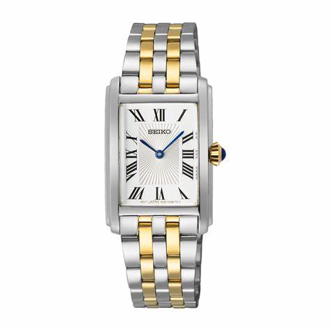 Seiko SWR087P1 Montre à quartz pour femmes, cadran blanc, bracelet en acier inoxydable bicolore
