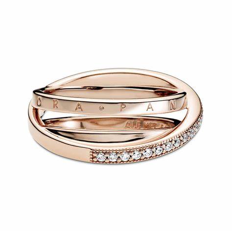 Pandora 189057C01-54 Anillo de banda triple con pavé cruzado - baño de oro rosa de 14k, tamaño 54